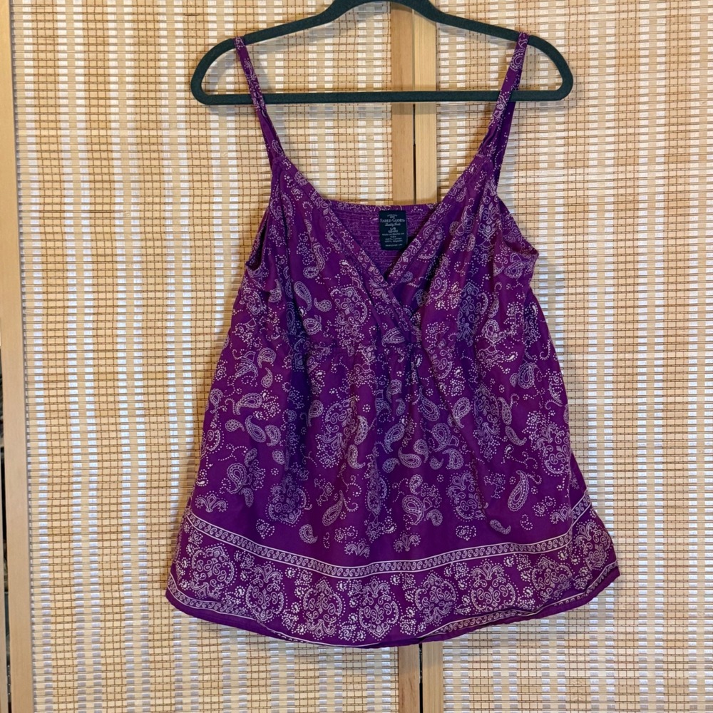 Faded Glory Purple Paisley Cotton Camisole Top Surplice Smocked Back L 12-14